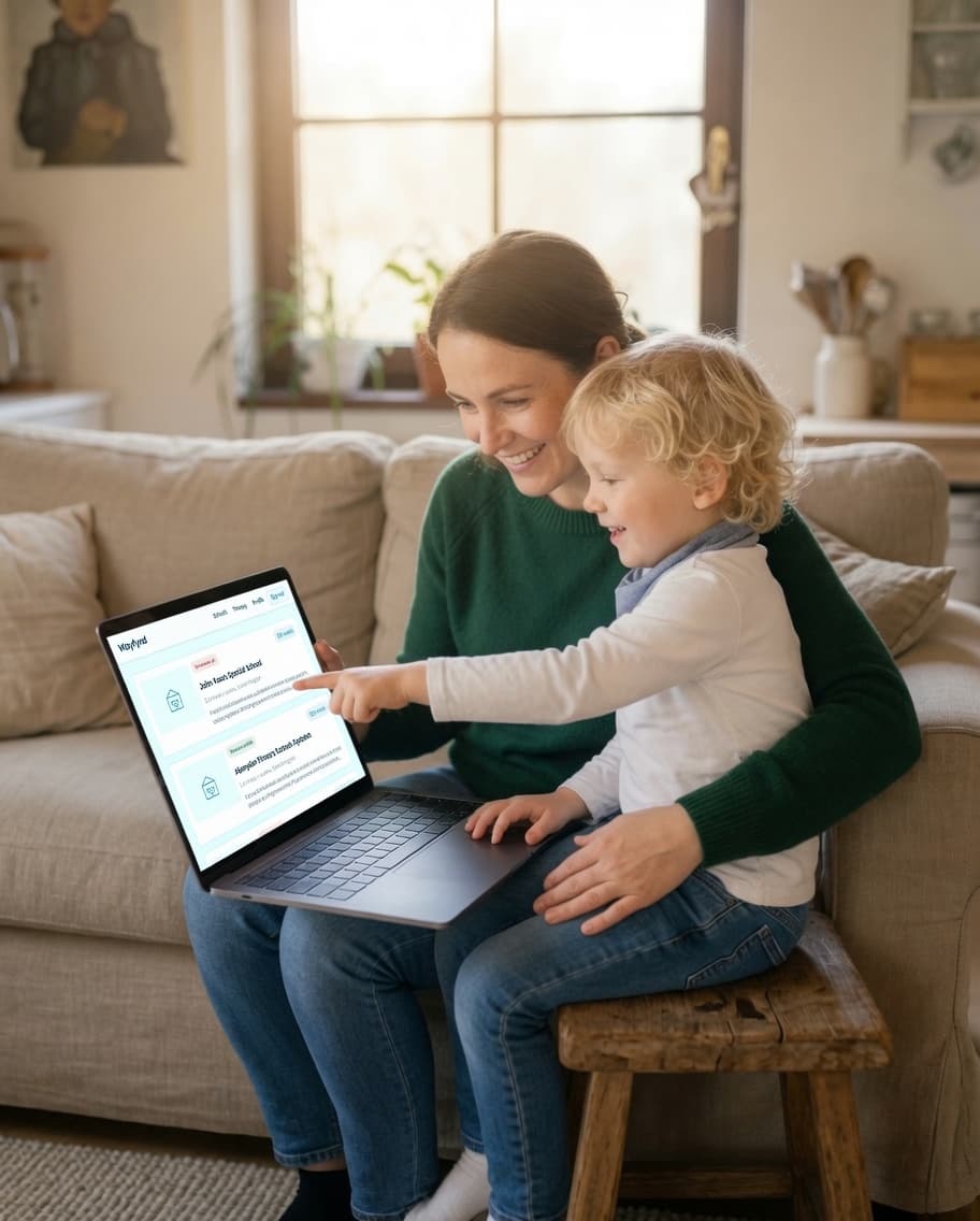 A parent and child smiling while reviewing a list of matched schools and therapy providers together on a laptop